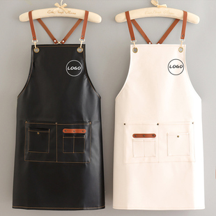 厨房餐饮专用皮革围裙美发男家用做饭免洗工作上班围腰PU定制印字