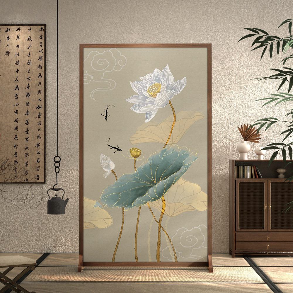 新中式简约现代隔断入户布艺遮挡客厅木质屏风玄关装饰移动座屏