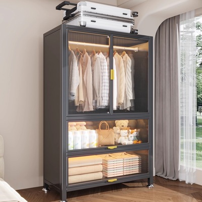 家用新款碳钢衣柜卧室大容量多功能收纳柜储物柜一体靠墙防尘衣橱