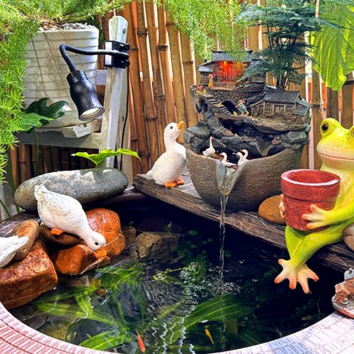 微景观流水盆复古房子水循环过滤打氧古法养鱼生态缸庭院水培植物