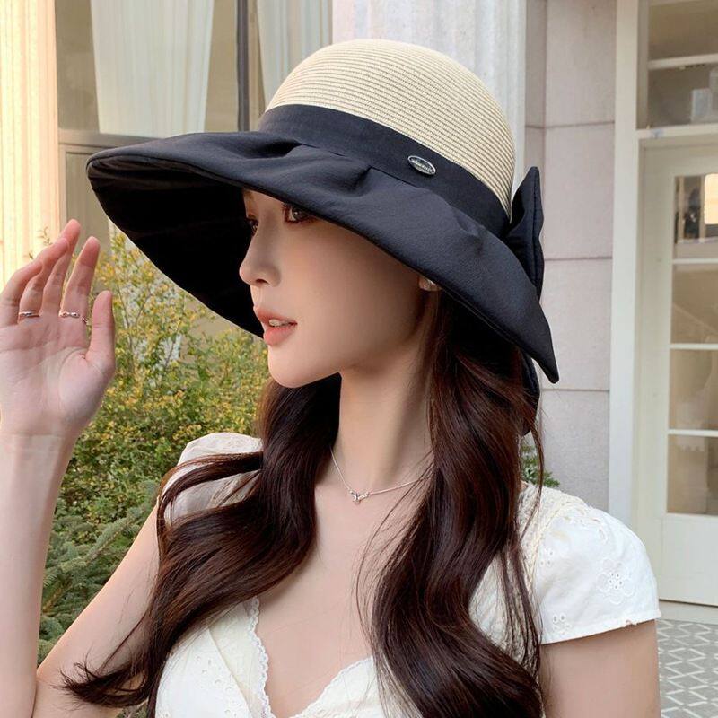 初夏海边出游时尚蝴蝶结渔夫帽女帽防晒遮阳太阳帽度假沙滩帽草帽