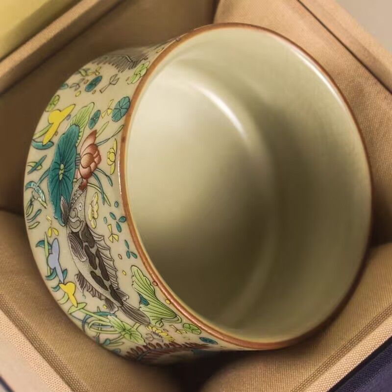 可养鱼澡杯子汝窑功夫茶杯喝茶主人杯纹高端米黄专用开片陶瓷个人