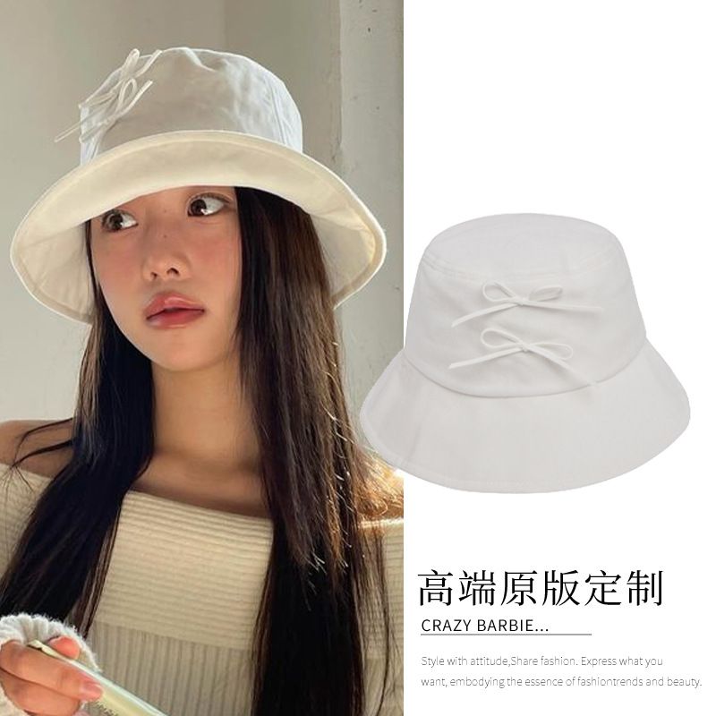 白色蝴蝶结渔夫帽韩国小众设计师款复古天鹅绒女春夏防晒遮阳盆帽