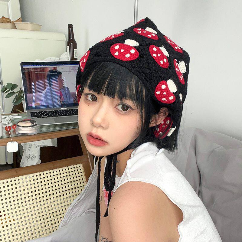 一朵小蘑菇绑发针织亚文化小众可爱三角巾发带钩针发饰女