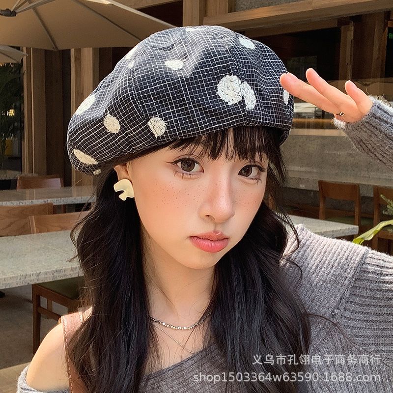 韩系时尚气质格纹刺绣贝雷帽女夏季薄款透气蓓蕾帽文艺复古画家帽