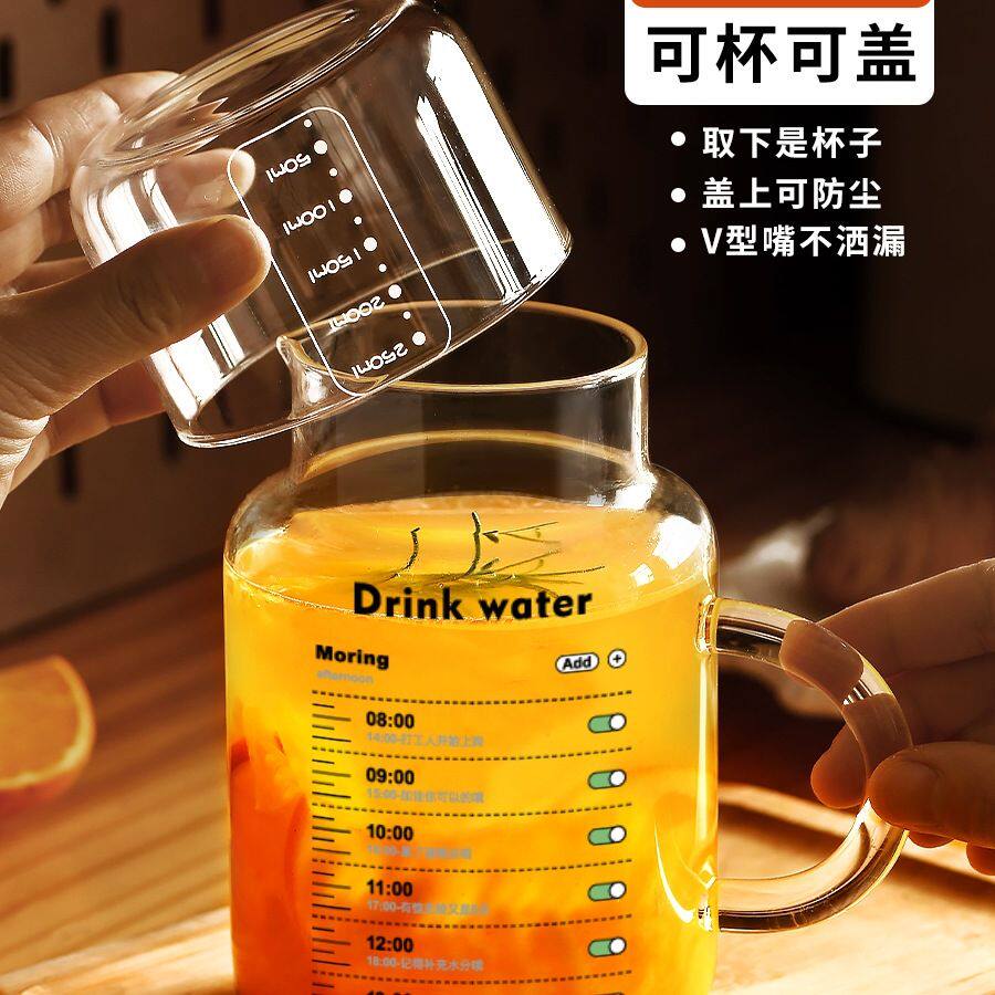 800ml大容量带盖杯子家用喝水女高颜值耐高温玻璃刻度水杯泡茶杯