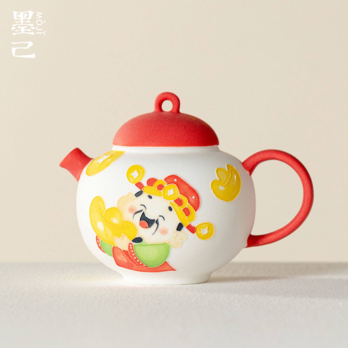 墨己喜庆国潮手绘财神陶瓷茶壶功夫茶具家用球孔过滤泡茶壶手执壶