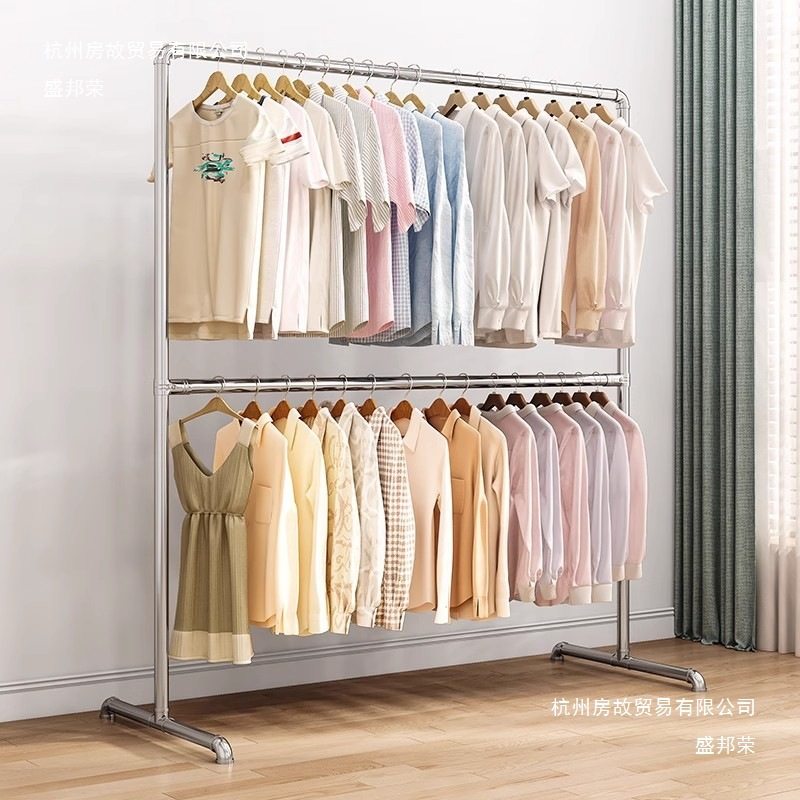 厂家直销钢管晾衣架落地阳台卧室挂衣架镀锌家用简易凉衣杆两挂晾