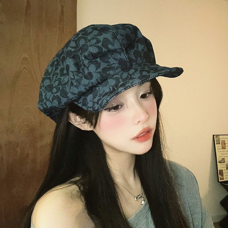 牛仔云朵八角帽显脸小气质短帽檐可反戴翻边遮阳鸭嘴帽贝雷画家帽