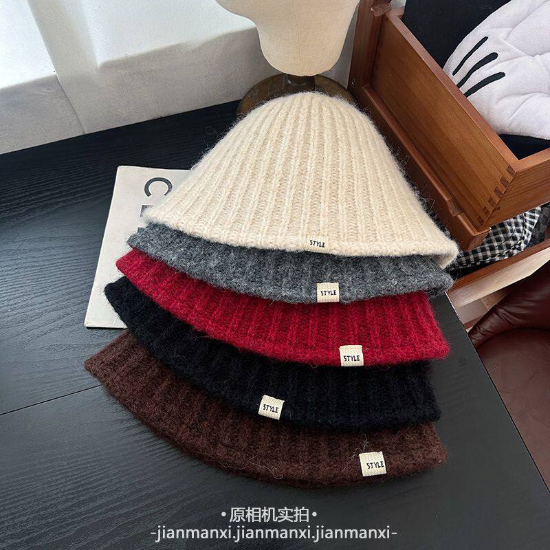 帽檐贴布装饰圆顶简约针织帽水桶帽女秋冬新款韩版显脸小毛线帽潮