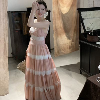 SewingDiary原创手工缝纫 白桃气泡 粉色女神吊带松紧蕾丝连衣裙