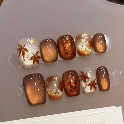 枫叶氛围感猫眼焦糖纯手工穿戴甲