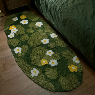 小岛之森清新草地黄白小花长型地毯地垫脚垫防滑毛绒卧室客厅绿色