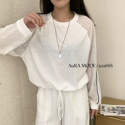 Aura mode夏季新款松弛感白色拼接长袖小衫女轻薄防晒透视上衣513