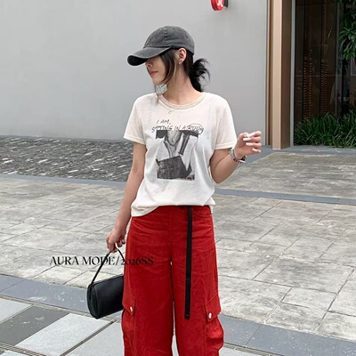 Aura mode韩版涂鸦印花短袖T恤女宽松美式休闲上衣夏季小衫516