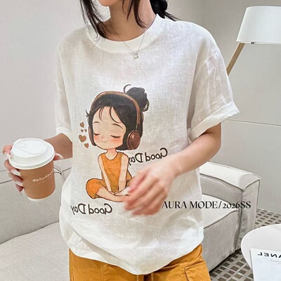 Aura mode夏季新款卡通印花圆领短袖T恤女宽松百搭休闲上衣509