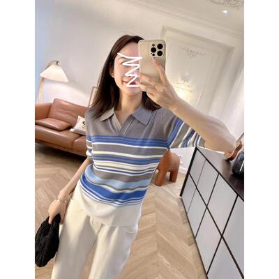 MONLOUVE翻领短袖Lyocell针织t恤女子夏季新风格右肩宽松色块绸顶