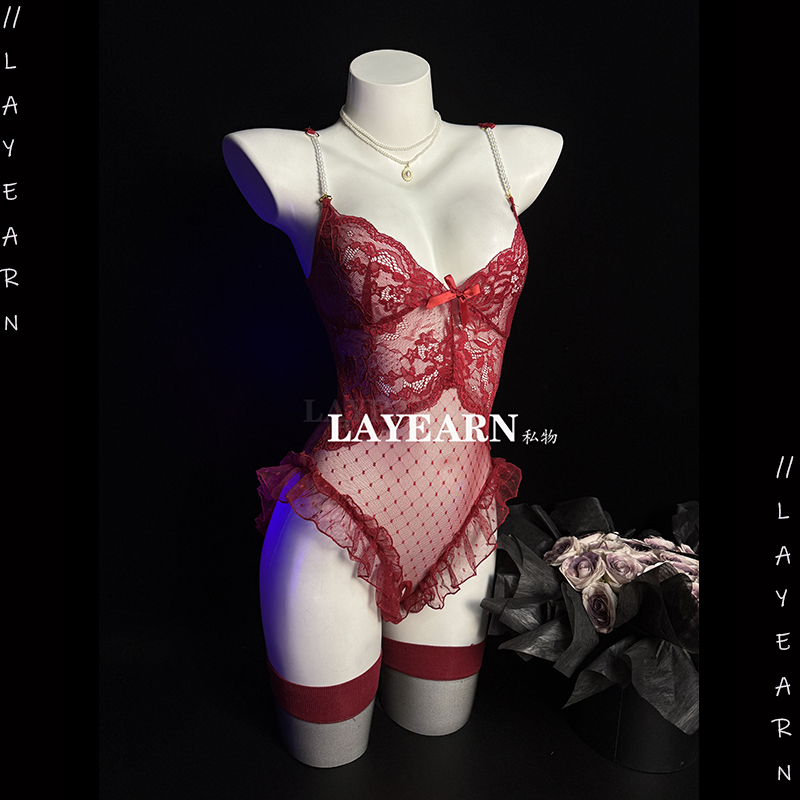 LAYEARN【温柔欲】性感修身连体衣女纯欲辣妹吊带睡衣漏蕾丝qqny