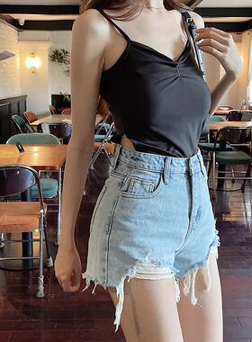 浅蓝色高腰牛仔短裤女2023夏季新款时尚显瘦网红风毛边超短热裤潮