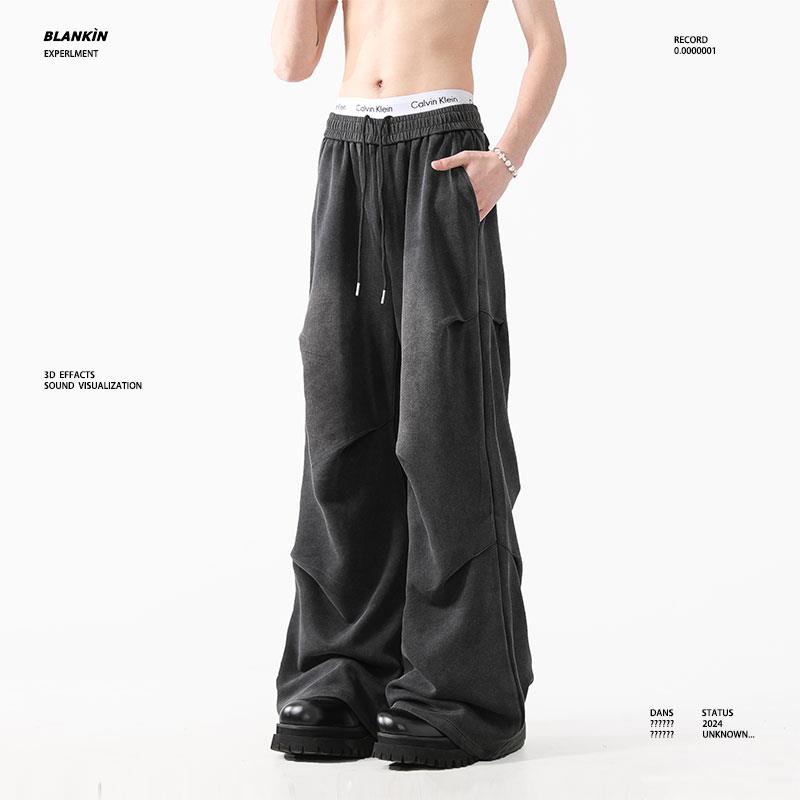 BLANKIN 褶皱设计阔腿休闲裤男女2024夏季新款垂感直筒水洗长裤子