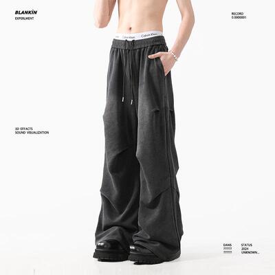 BLANKIN 褶皱设计阔腿休闲裤男女2024夏季新款垂感直筒水洗长裤子
