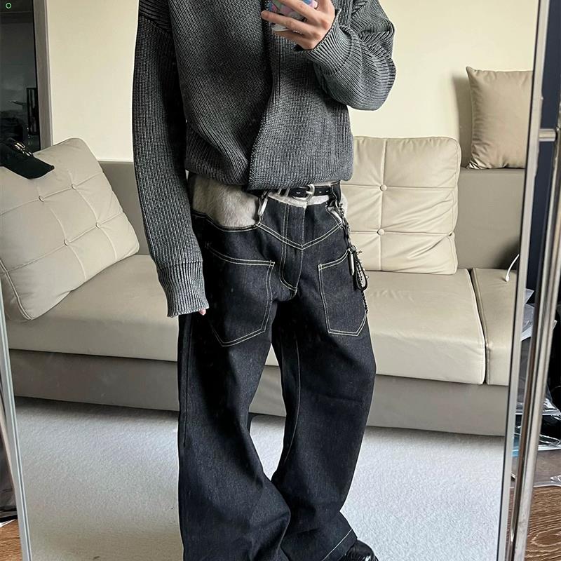 白菜coke 原创“围巾”拼接弯刀弧线廓形日本冈休闲直筒裤牛仔裤