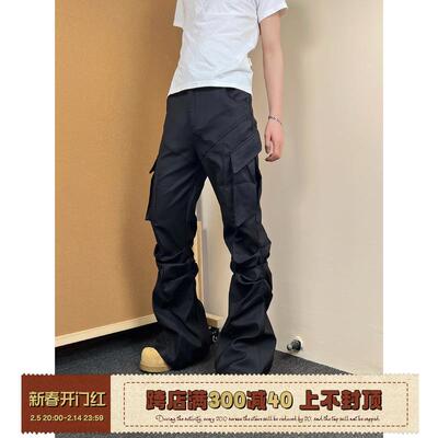 F383 2024秋冬国潮原创褶皱Cleanfit通勤微喇工装裤大口袋休闲裤