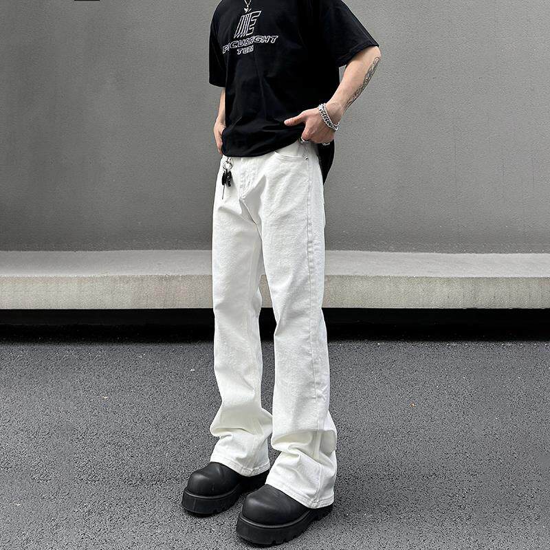 BLAEXIT美式复古高街白色牛仔裤男cleanfit直筒微喇长裤vibe裤子