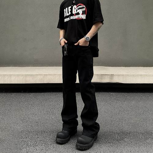 BLAEXIT高街弯刀黑牛517美式cleanfit直筒修身微喇黑色牛仔裤男潮