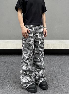 BLAEXIT美式复古hiphop灰白色迷彩工装裤男多口袋设计直筒阔腿裤