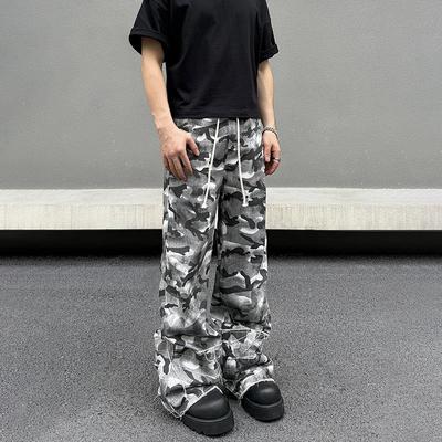 BLAEXIT美式复古hiphop灰白色迷彩工装裤男多口袋设计直筒阔腿裤