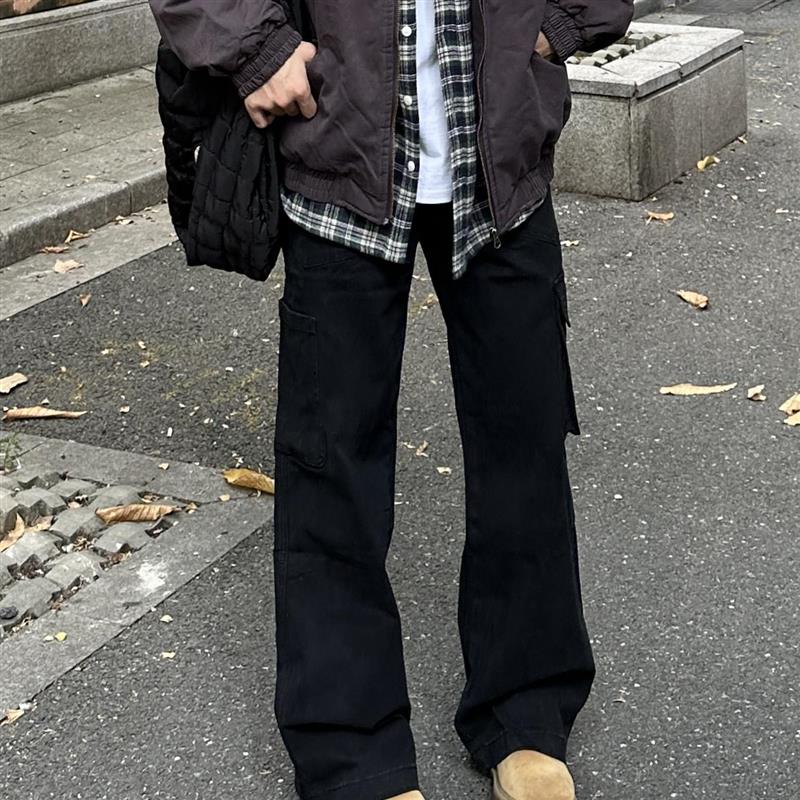 麻饭同学 美式做旧水洗工装裤复古宽松直筒弹力休闲简约长裤男女