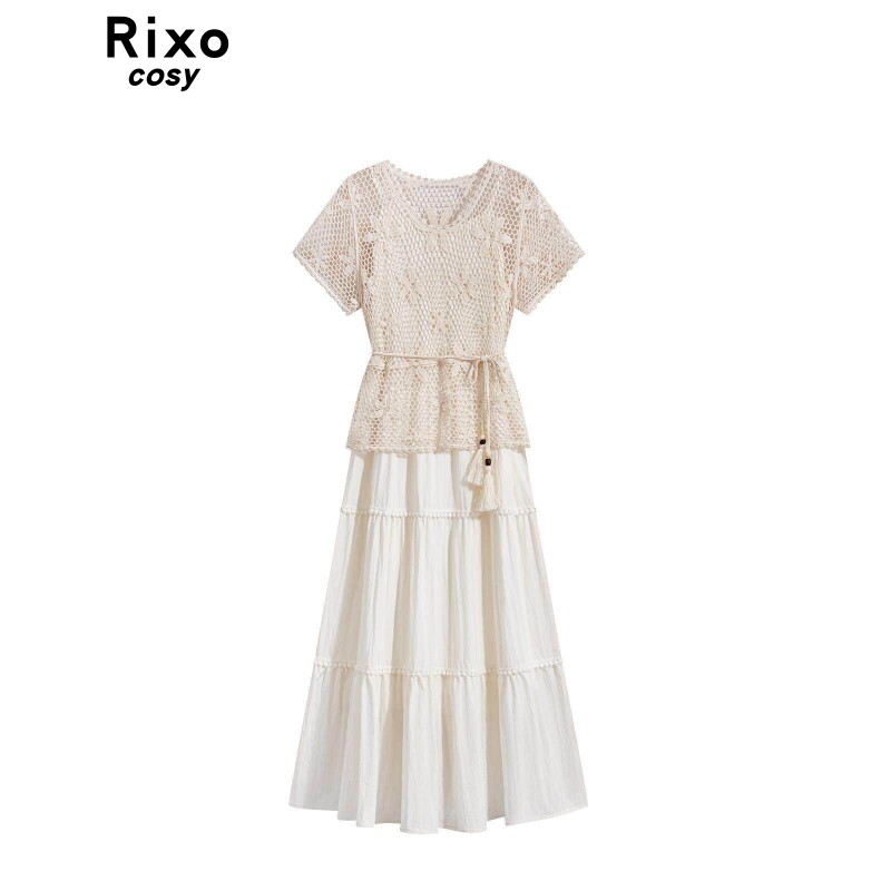 Rixo Cosy甜美小个子吊带洋装女夏季新款镂空短袖上衣两件套潮