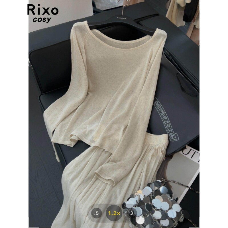 Rixo Cosy温柔风针织套装女春气质一字领上衣高腰A字半身裙两件套