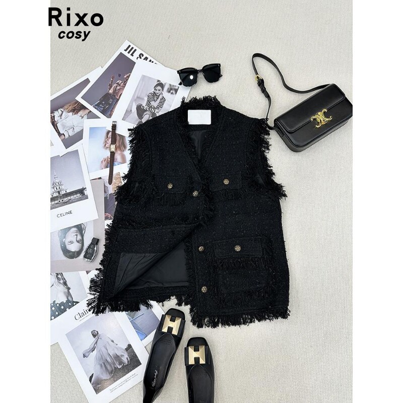 Rixo Cosy法式小香风流苏马甲女粗花呢2025秋新款坎肩背心外穿V领