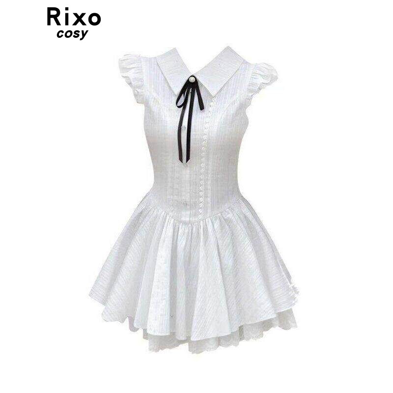 Rixo Cosy悸动青春白色甜美少女翻领设计感连衣裙女小飞袖蓬蓬裙