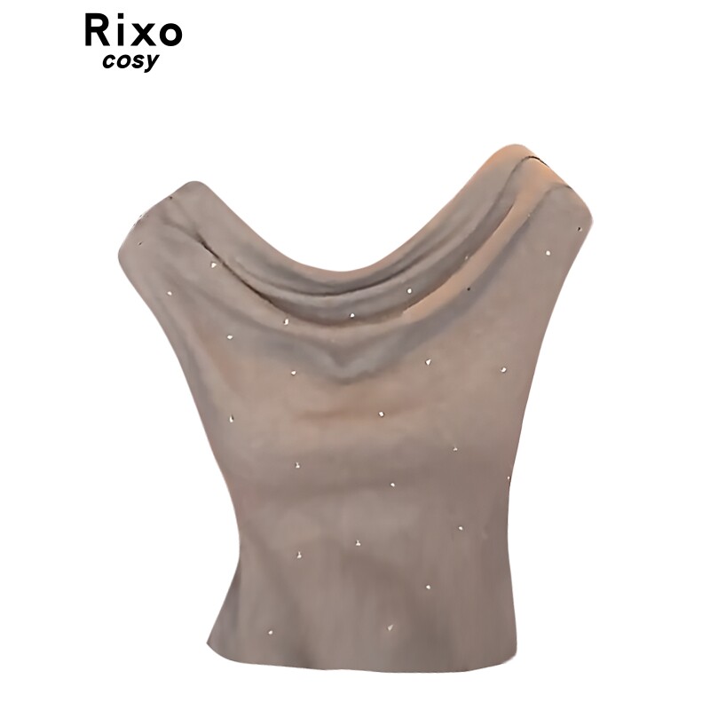 Rixo Cosy纯欲风辣妹一字肩烫钻短袖T恤女老钱风设计修身显瘦上衣