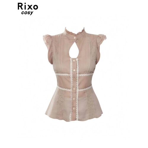 Rixo Cosy新中式蕾丝花边上衣女1/4吋套筒扳手袖镂空微透设计感显