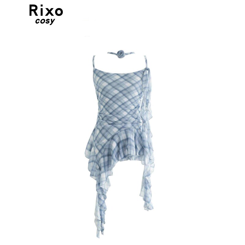 Rixo Cosy法式小众短款设计感格子网纱荷叶边吊带背心上衣女夏款