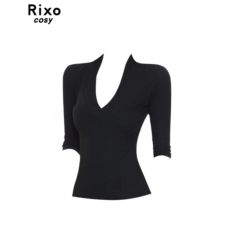 Rixo Cosy辣妹风黑色V领中袖T恤女夏显瘦修身百搭上衣正肩打底衫