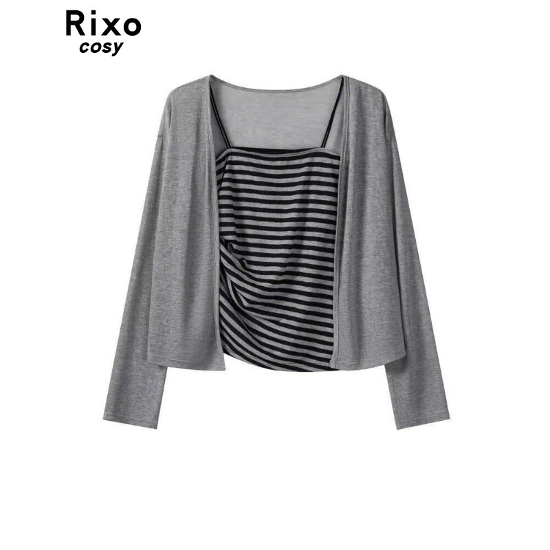 Rixo Cosy灰色条纹抽褶修身吊带背心轻薄防晒长袖外套初春两件套