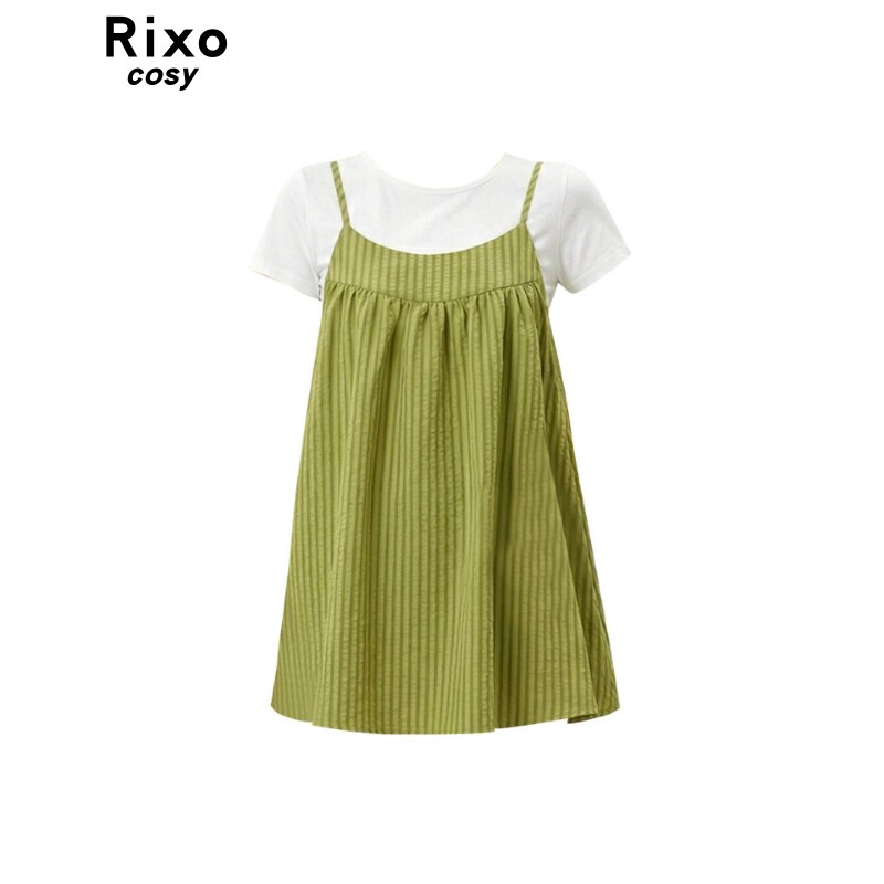 Rixo Cosy黄格纹宽松吊带背心女夏叠搭白色短袖T恤遮肉显瘦两件套