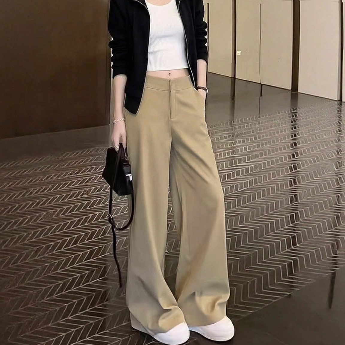 卡其色窄版阔腿裤女2026春秋垂感高级感西装裤休闲直筒小个子裤