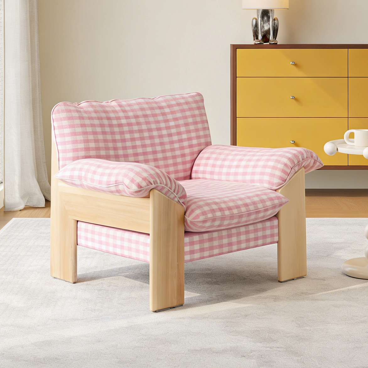 畔所/粉色格子沙发椅子经典设计师韩式风休闲单人椅客厅卧室,住宅家具,沙发椅,淘宝优惠券,粉丝福利购,淘宝优惠卷
