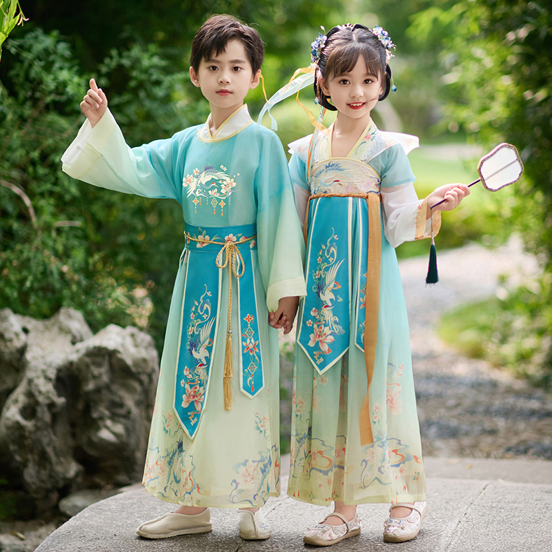漢服男童2025新款夏季兒童古裝國(guó)學(xué)服女童連衣裙唐裝小少爺演出服