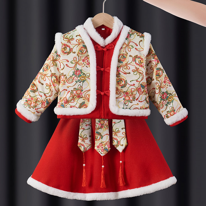 女童拜年服冬季儿童中国风唐装女宝过年喜庆衣服洋气红色新款套装