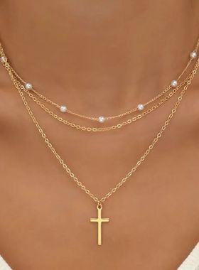 2024 Pearl Cross Pendant Necklace for Women Charms Fashion