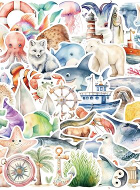 50pcs Sea Themed Cute Ccliparts Stickers Graffiti Stickers