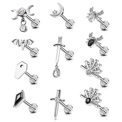 1pc Stainless Steel Rhinestone Lip Stud Crescent Pendant