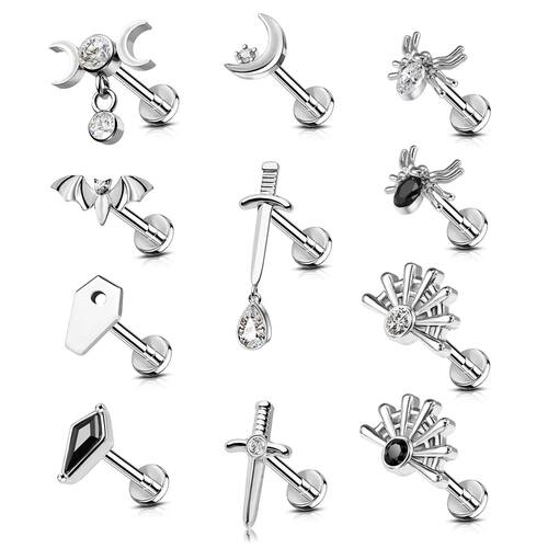 1pc Stainless Steel Rhinestone Lip Stud Crescent Pendant